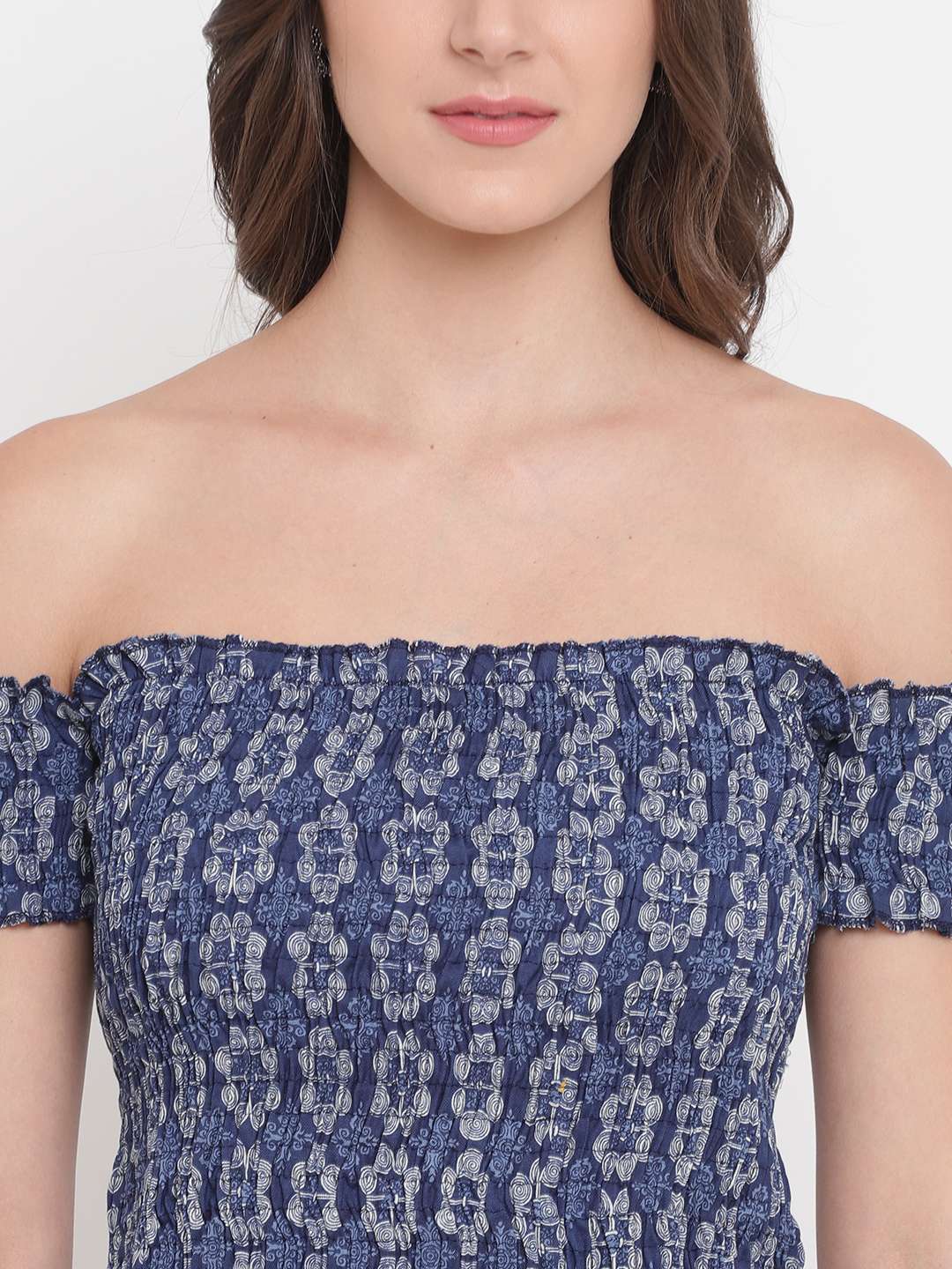 Women's Rayon Printed Off-Shoulder Smocked Crop Top Short Sleeve Casual Styles Tank Top (FREE SIZE) Multi42