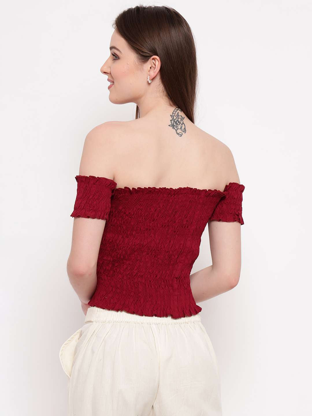 Women's Rayon Solid Off-Shoulder Smocked Crop Top Short Sleeve Casual Styles Tank Top (FREE SIZE) Multi23