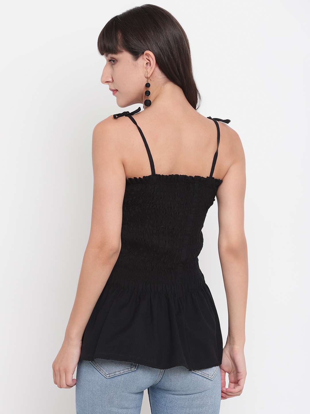 Women's Rayon Solid Casual Summer Style Tie Shoulder Straps Free Size Tank Top (Black)