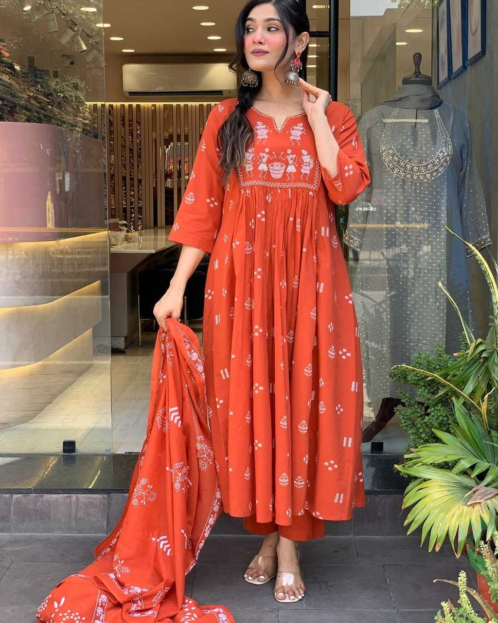 Women's Contton Floral Embroidered Round Neck Regular Kurti Pant Dupatta Set