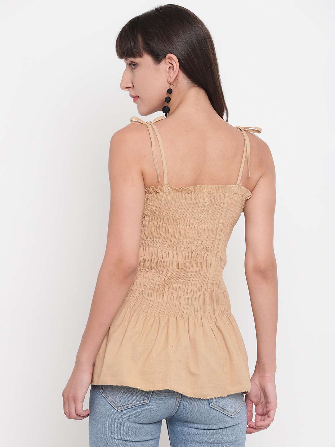 Women's Rayon Solid Casual Summer Style Tie Shoulder Straps Free Size Tank Top (Cream)