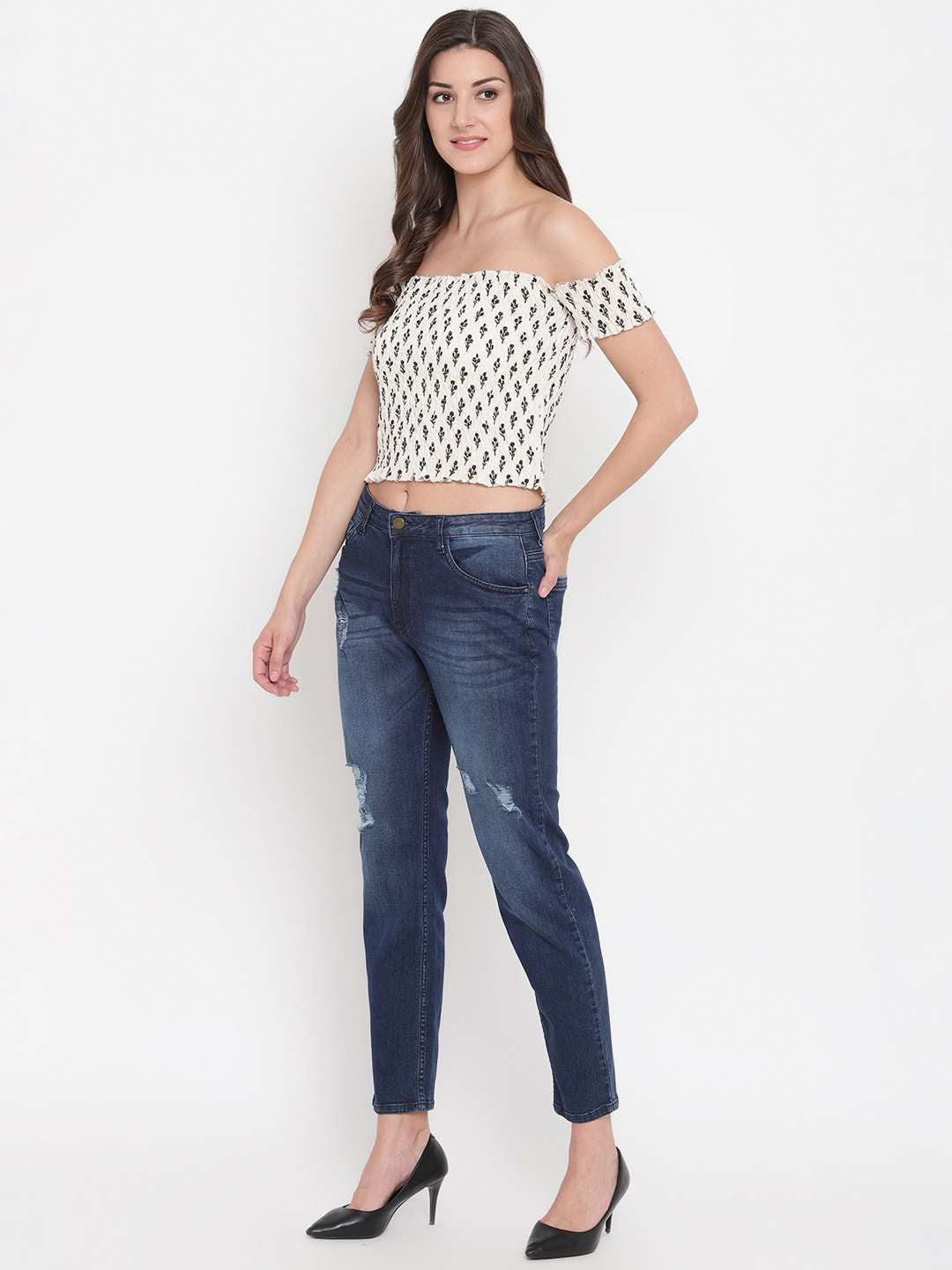 Women's Rayon Printed Off-Shoulder Smocked Crop Top Short Sleeve Casual Styles Tank Top (FREE SIZE) Multi36