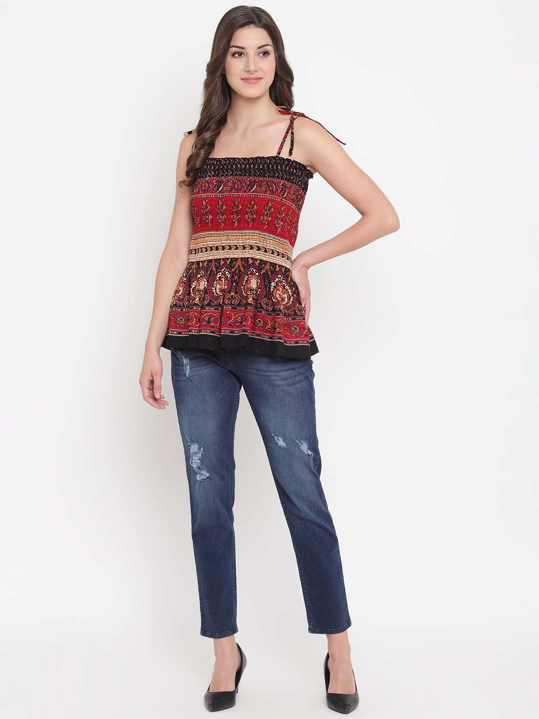 Women's Rayon Printed Casual Summer Style Tie Shoulder Straps Free Size Tank Top ( Multi6)