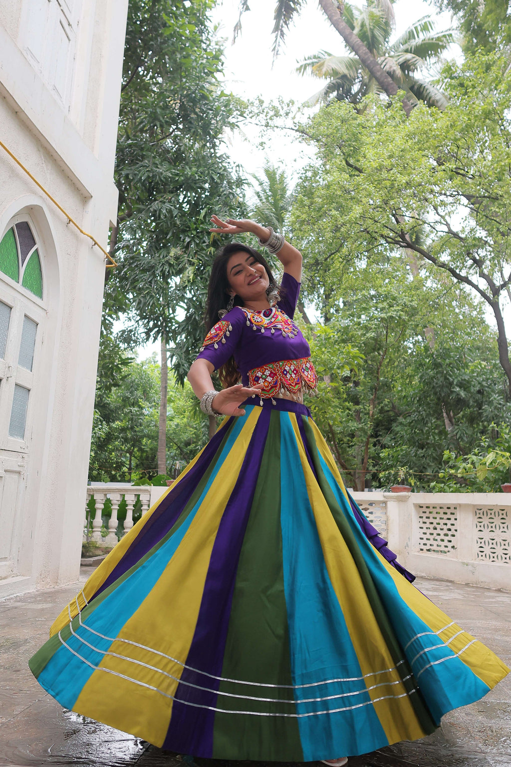 Roman Fabric Navratri Lehenga Choli Set with Mirror & Gota Lace