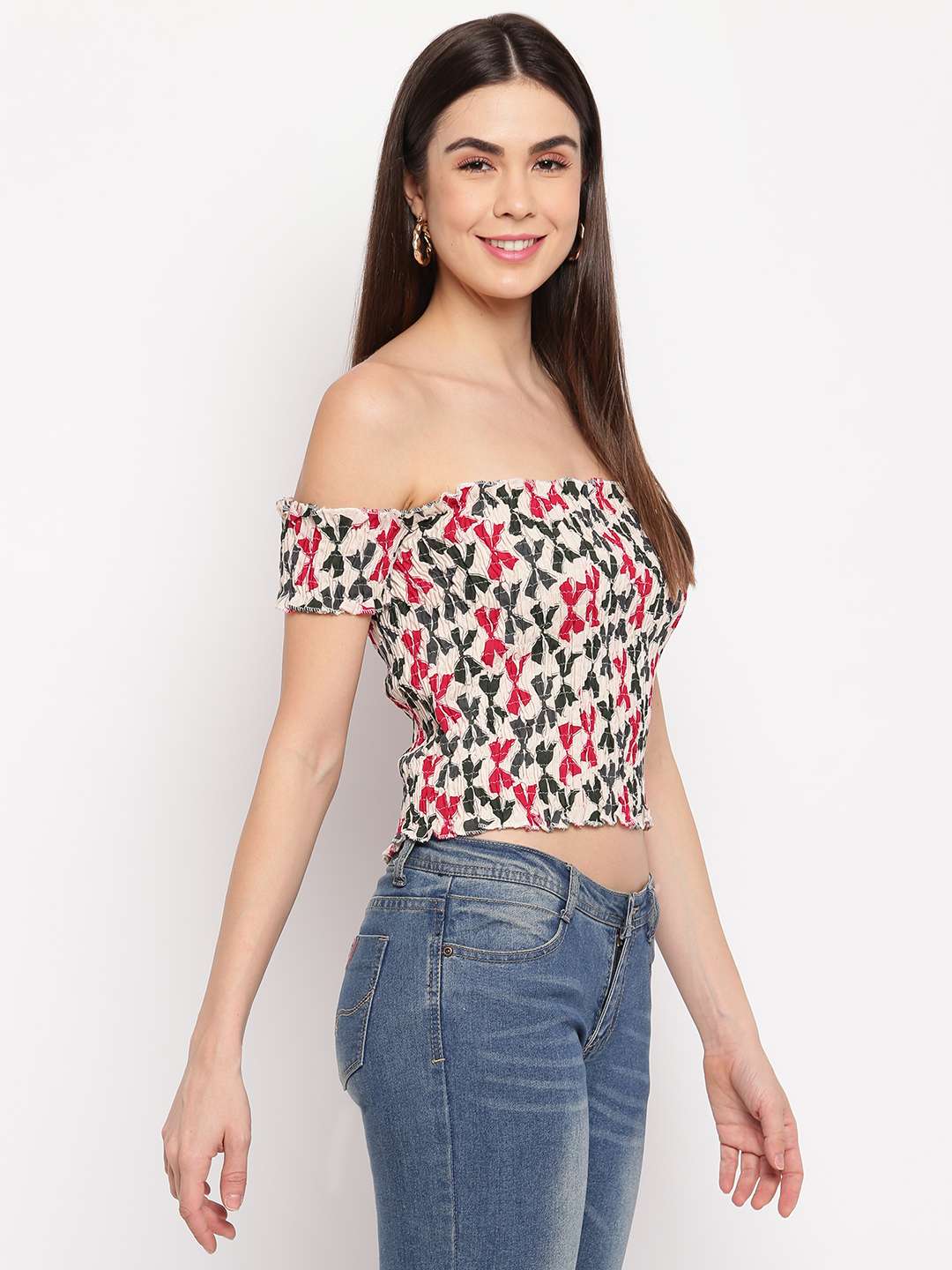 Women's Rayon Printed Off-Shoulder Smocked Crop Top Short Sleeve Casual Styles Tank Top (FREE SIZE) Multi33