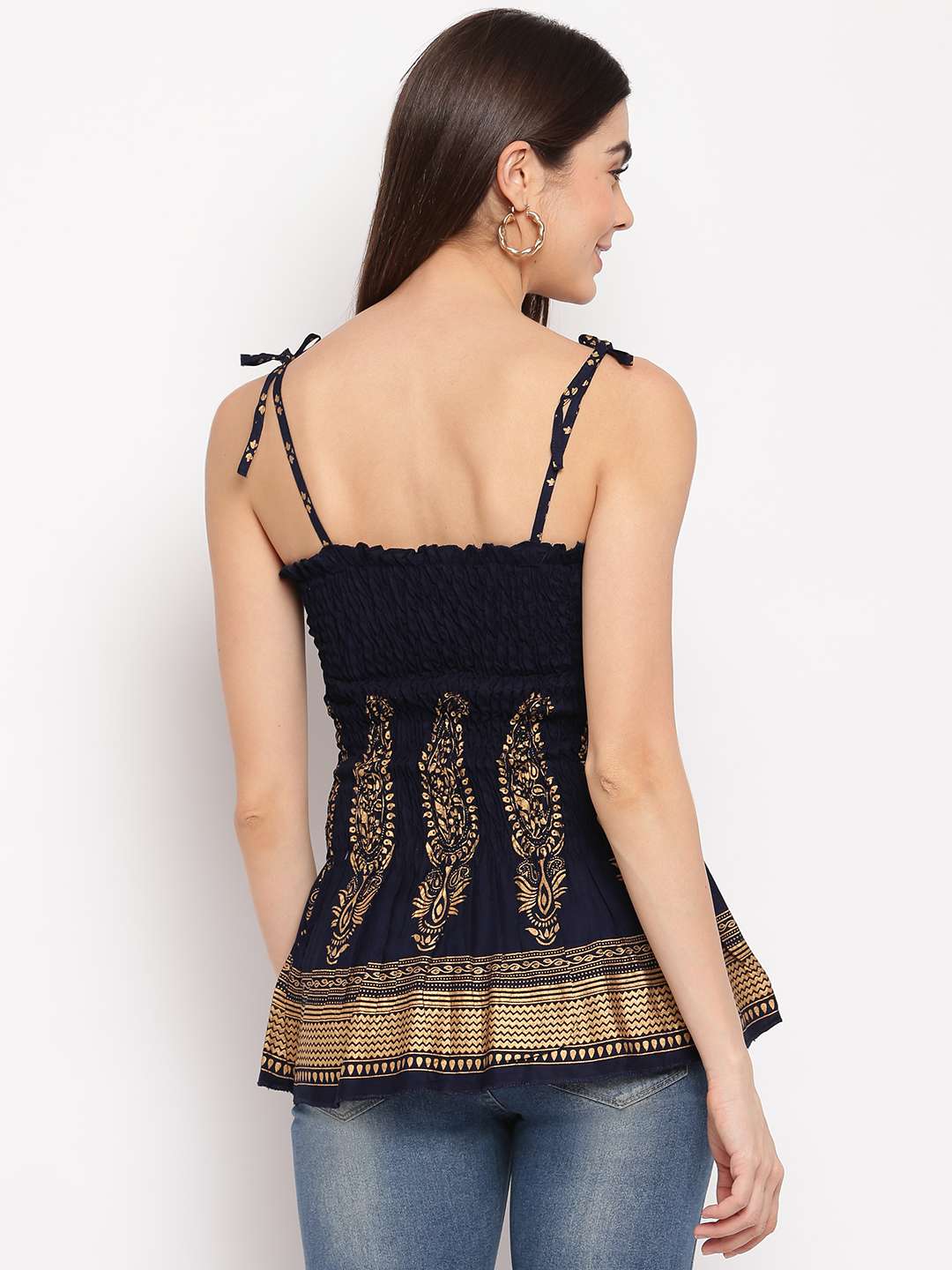 Women's Rayon Buta Printed Casual Summer Style Tie Shoulder Straps Free Size Tank Top ( Navy Blue Gold Pattern)