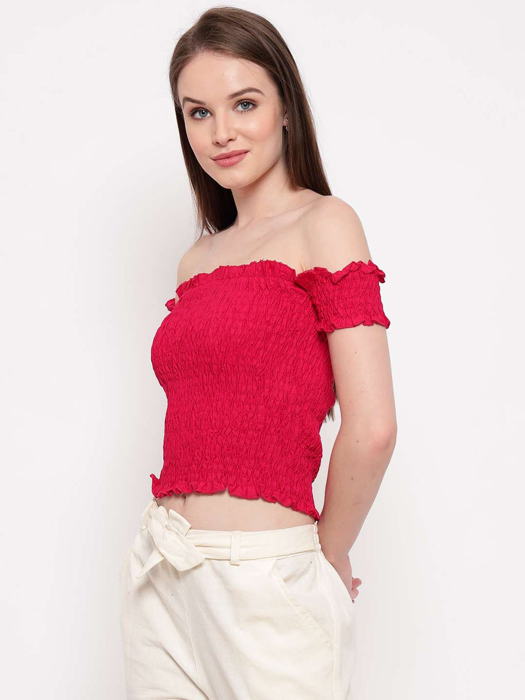 Women's Rayon Solid Off-Shoulder Smocked Crop Top Short Sleeve Casual Styles Tank Top (FREE SIZE) Multi26