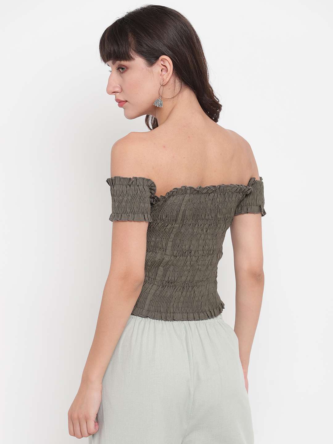 Women's Rayon Solid Off-Shoulder Smocked Crop Top Short Sleeve Casual Styles Tank Top (FREE SIZE) Multi15