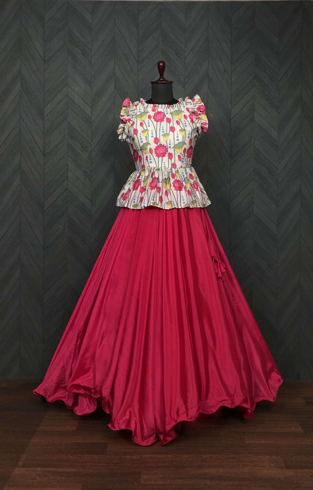 Premium Chinnon Lehenga with Kalamkari Print Maslin Satin Peplum Blouse