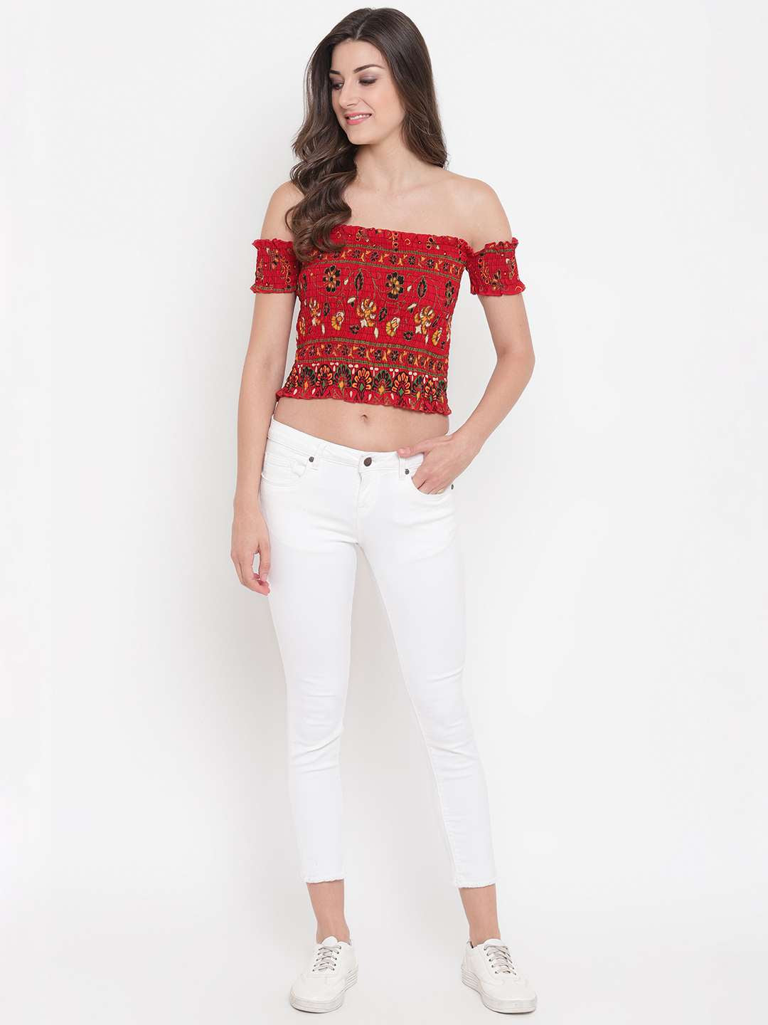 Women's Rayon Printed Off-Shoulder Smocked Crop Top Short Sleeve Casual Styles Tank Top (FREE SIZE) Multi6