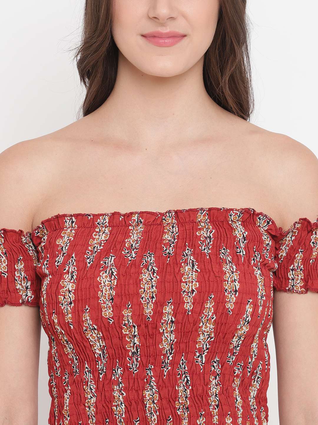 Women's Rayon Printed Off-Shoulder Smocked Crop Top Short Sleeve Casual Styles Tank Top (FREE SIZE) Multi43