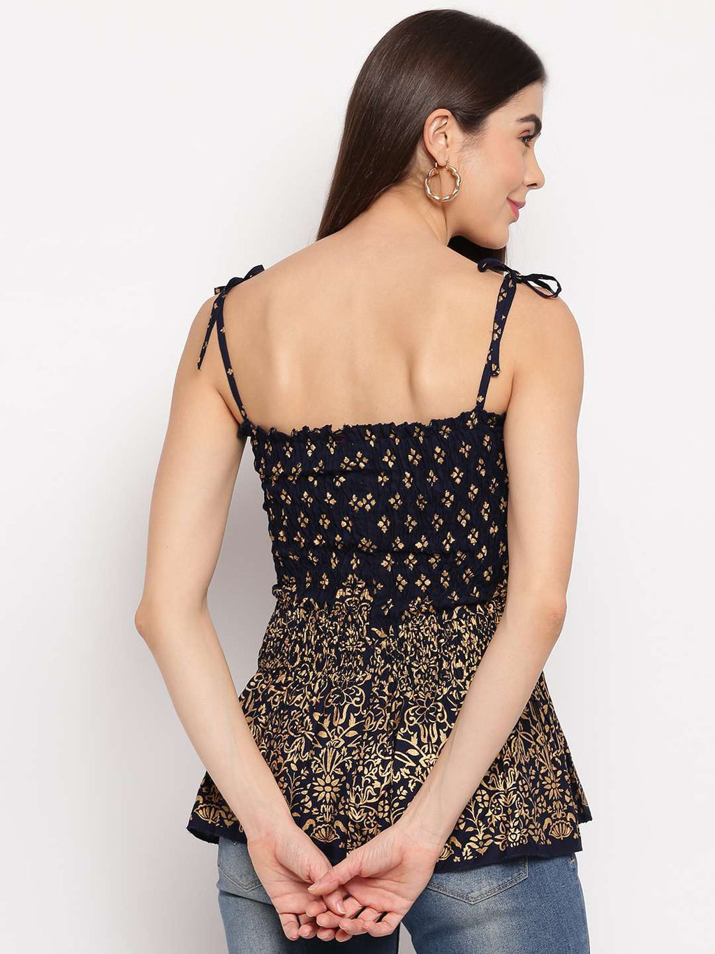 Women's Rayon Print Casual Summer Style Tie Shoulder Straps Free Size Tank Top ( Navy Blue Gold Pattern)