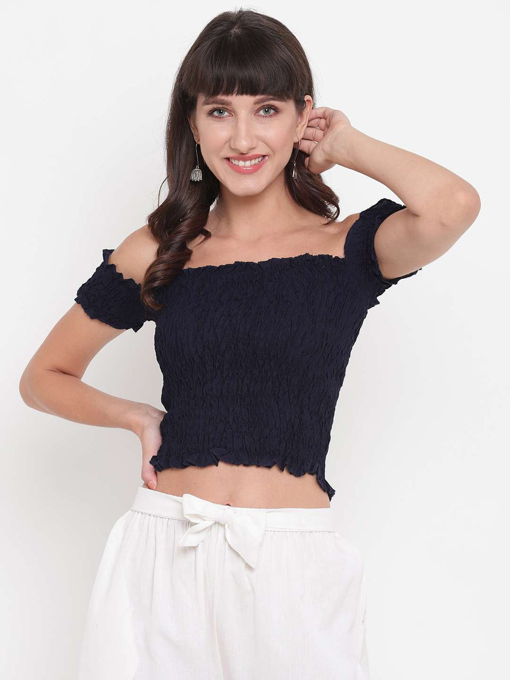 Women's Rayon Solid Off-Shoulder Smocked Crop Top Short Sleeve Casual Styles Tank Top (FREE SIZE) Multi20