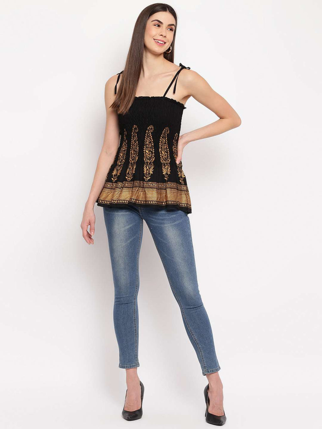 Women's Rayon Buta Printed Casual Summer Style Tie Shoulder Straps Free Size Tank Top ( Black Gold Pattern)