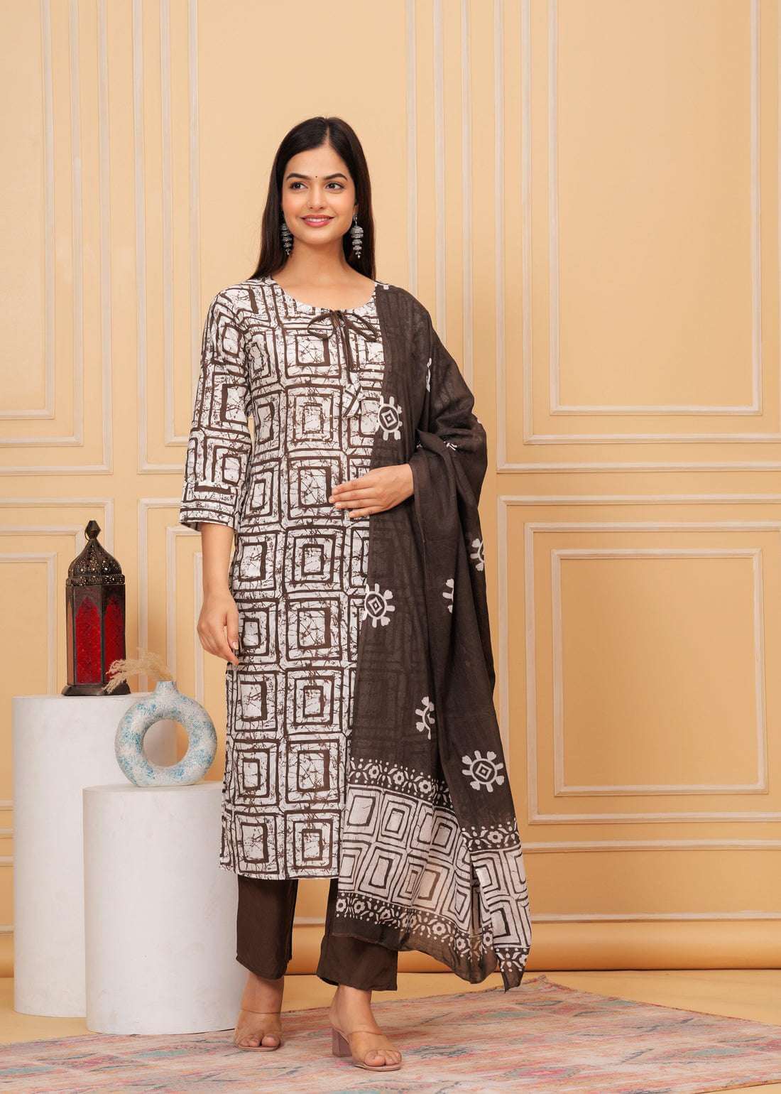 Women's Cotton Hand Block Printed Straight Kurti with Pant and Printed Dupatta