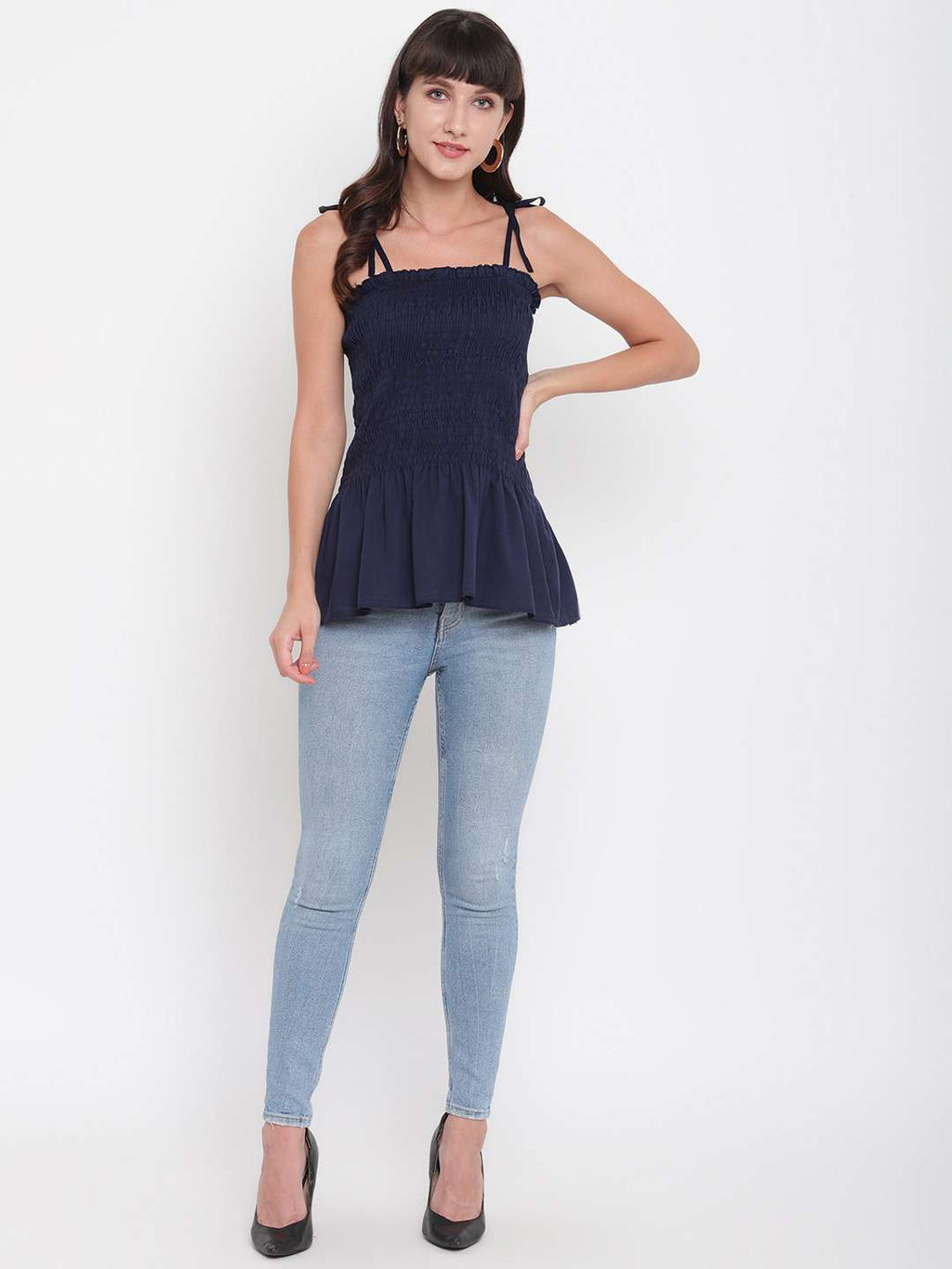 Women's Rayon Solid Casual Summer Style Tie Shoulder Straps Free Size Tank Top (Dark Blue)