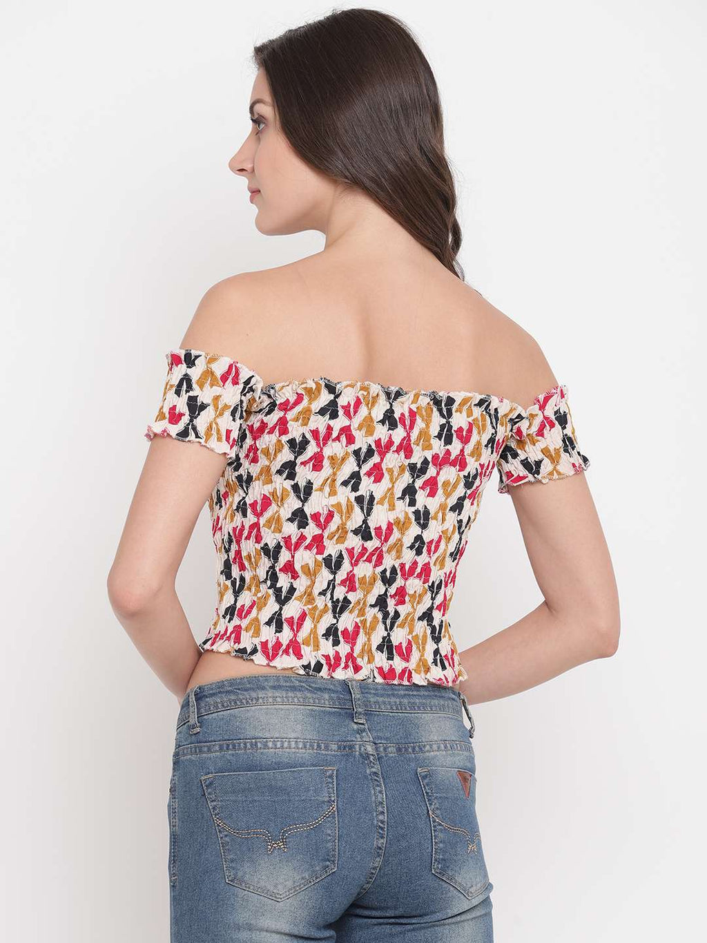 Women's Rayon Printed Off-Shoulder Smocked Crop Top Short Sleeve Casual Styles Tank Top (FREE SIZE) Multi31