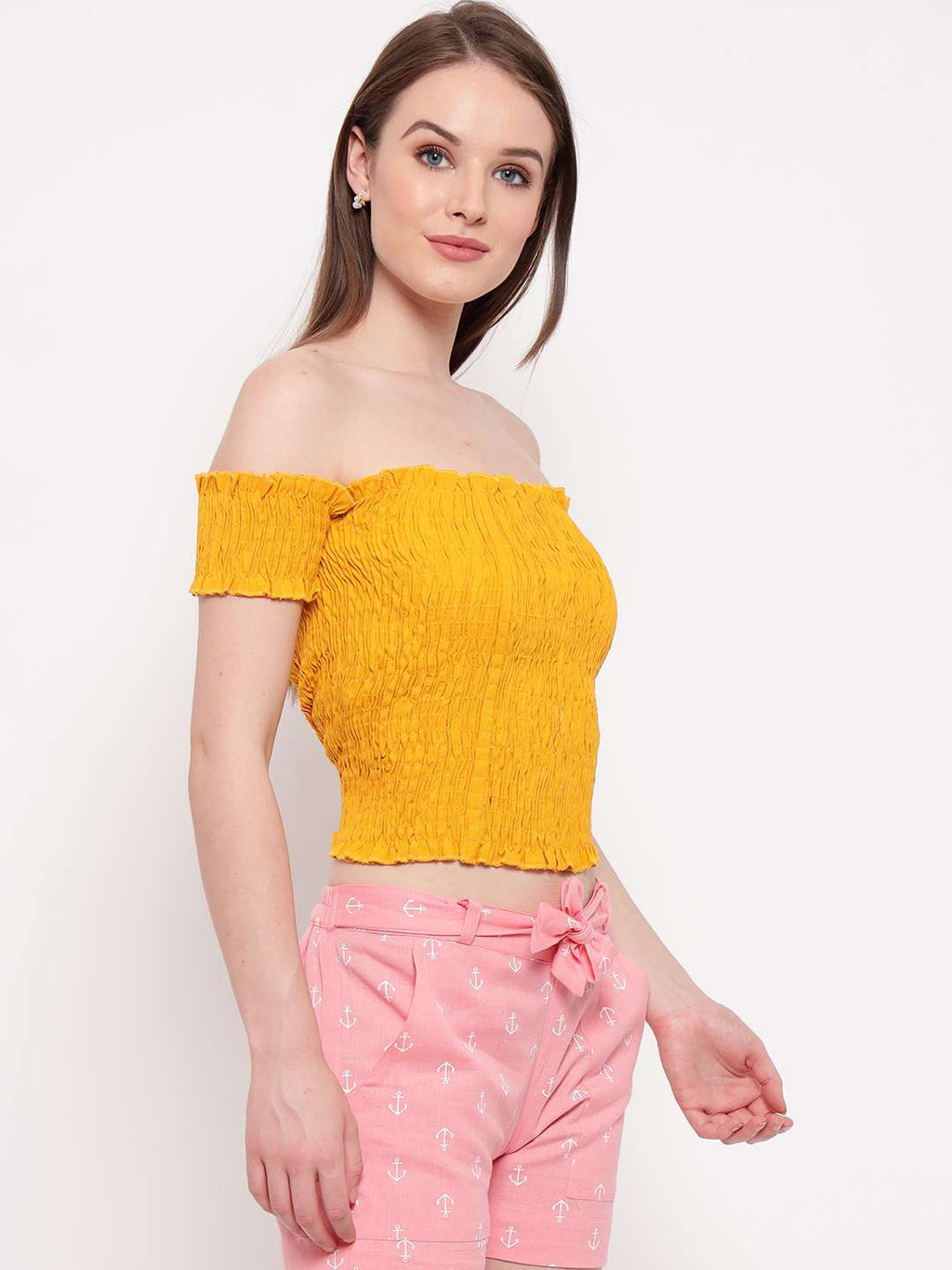 Women's Rayon Solid Off-Shoulder Smocked Crop Top Short Sleeve Casual Styles Tank Top (FREE SIZE) Multi24