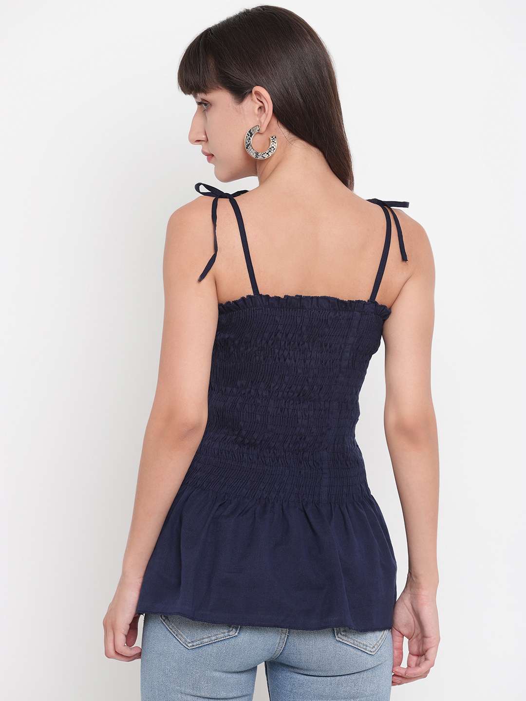 Women's Rayon Solid Casual Summer Style Tie Shoulder Straps Free Size Tank Top (Dark Blue)