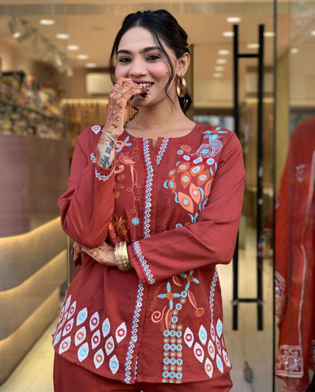 Women's Cotton Embroidery Straight Kurti With Pant Set (Blue-M)