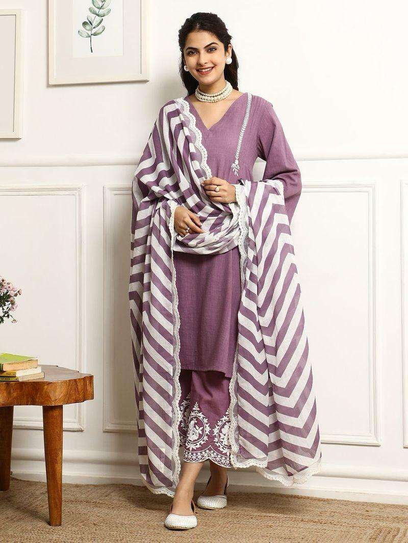 Women's Cotton Embroidered Straight Kurta & Pant With Dupatta Set (Purple)