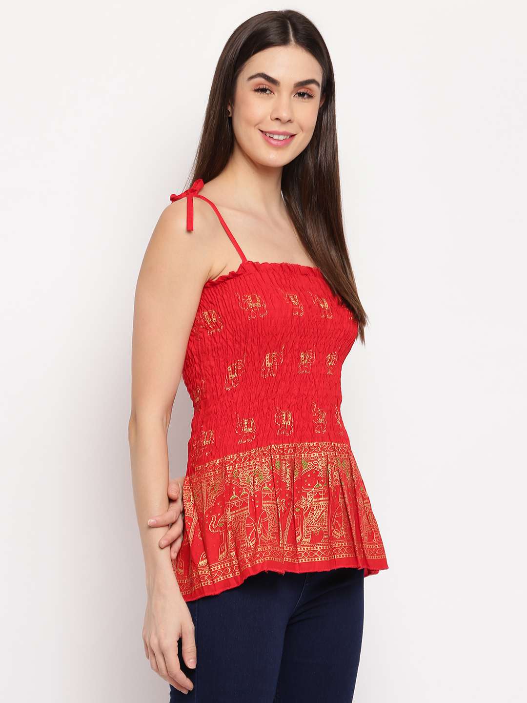 Women's Rayon Elephant Print Casual Summer Style Tie Shoulder Straps Free Size Tank Top ( Red Gold Pattern)