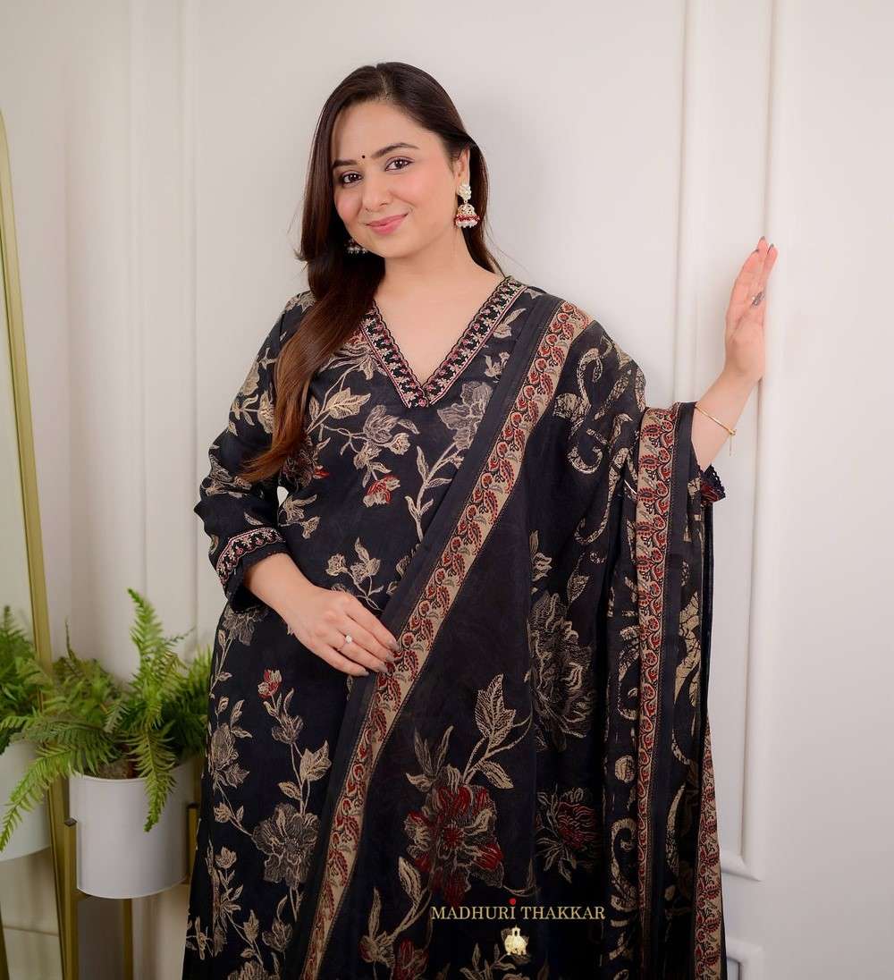 Women's Cotton Floral Printed Straight Kurti With Afghani Style Pant and Dupatta Set (Black)