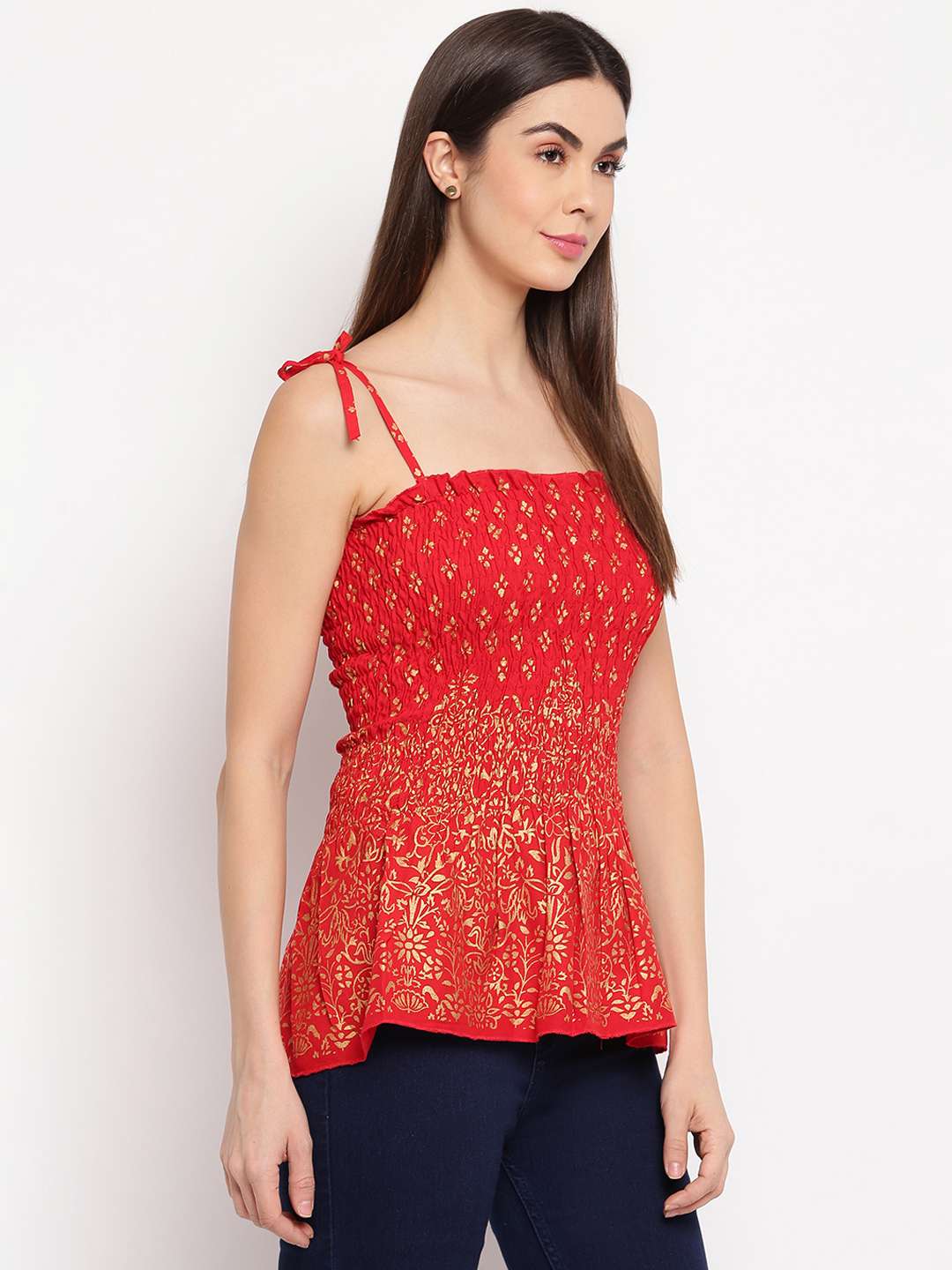 Women's Rayon Floral Printed Casual Summer Style Tie Shoulder Straps Free Size Tank Top ( Red Gold Pattern)