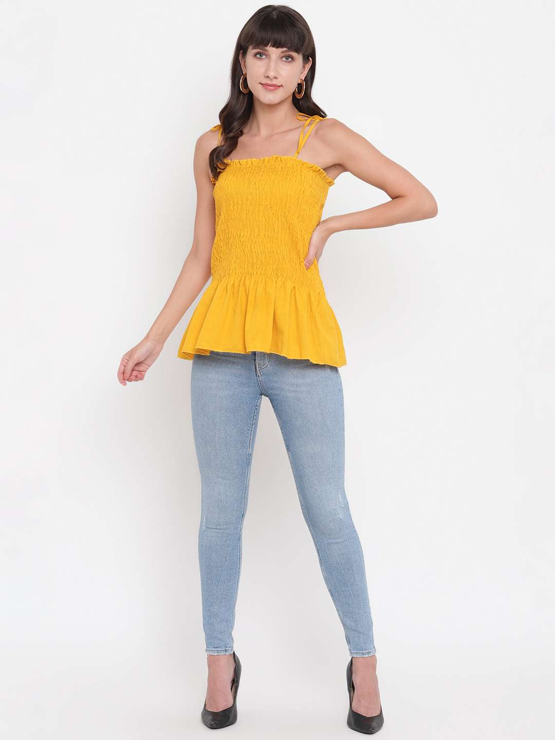 Women's Rayon Solid Casual Summer Style Tie Shoulder Straps Free Size Tank Top (Musterd)