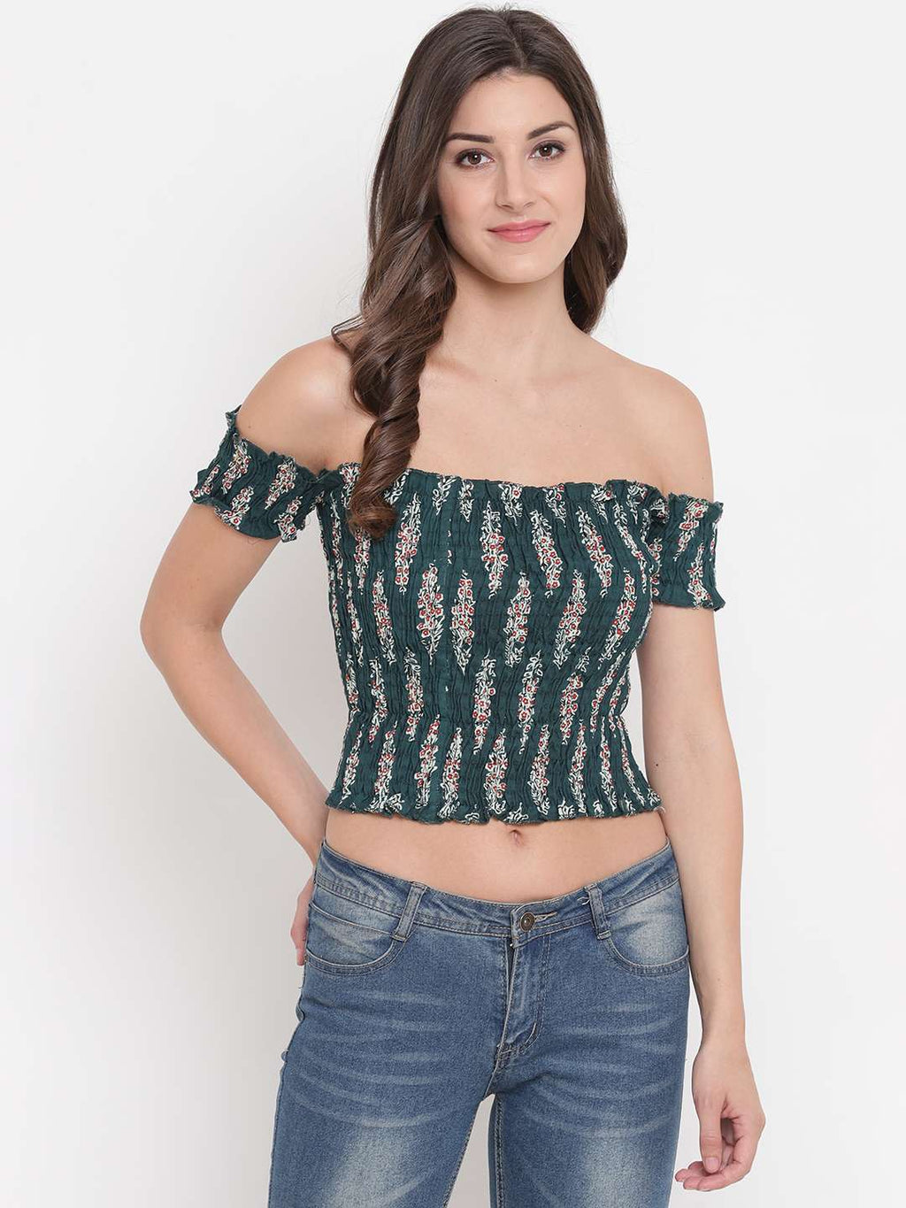 Women's Rayon Printed Off-Shoulder Smocked Crop Top Short Sleeve Casual Styles Tank Top (FREE SIZE) Multi37