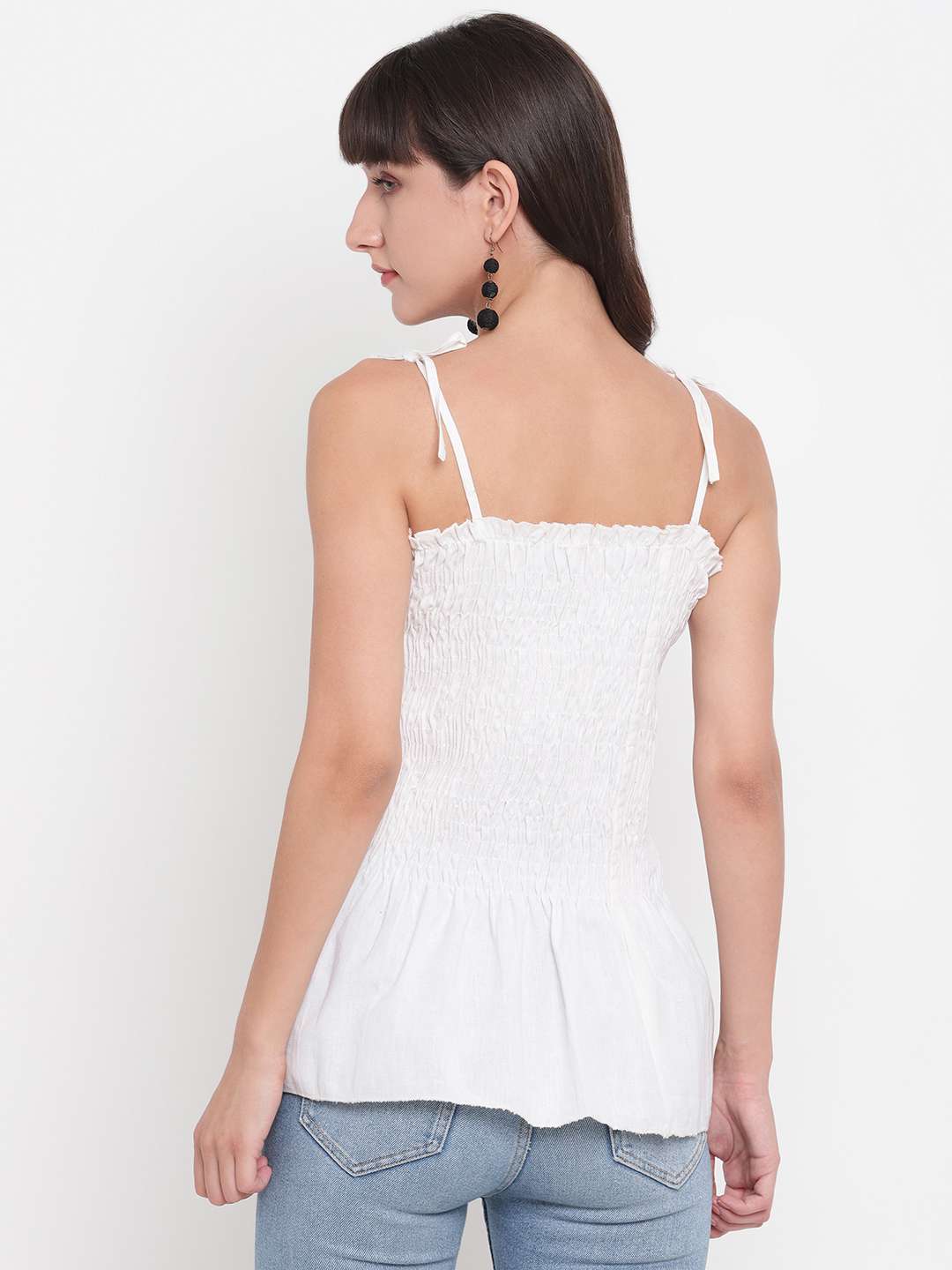 Women's Rayon Solid Casual Summer Style Tie Shoulder Straps Free Size Tank Top (White)