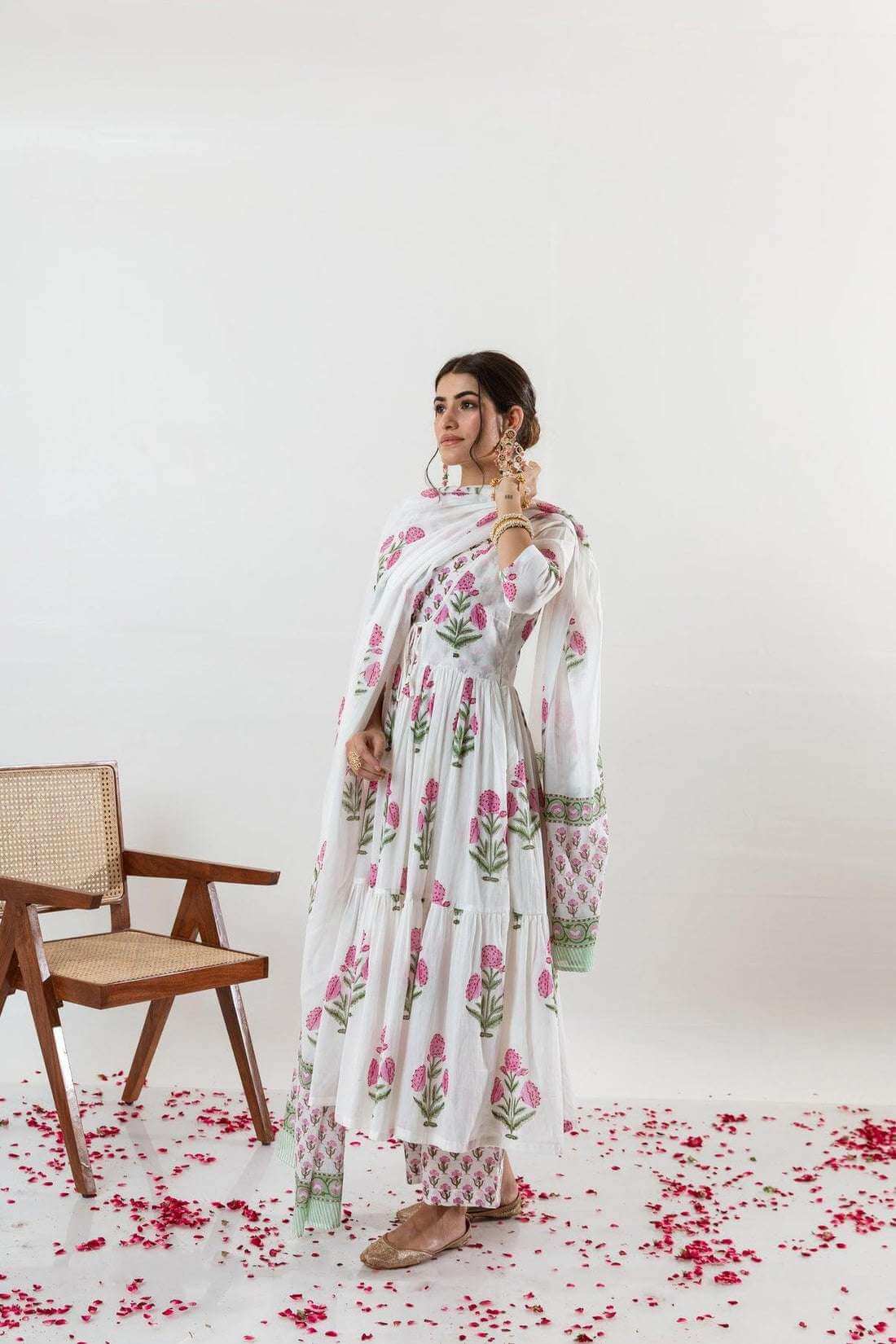 Women's Cotton Floral Printed Long Anarkali Kurti with Pant and Dupatta