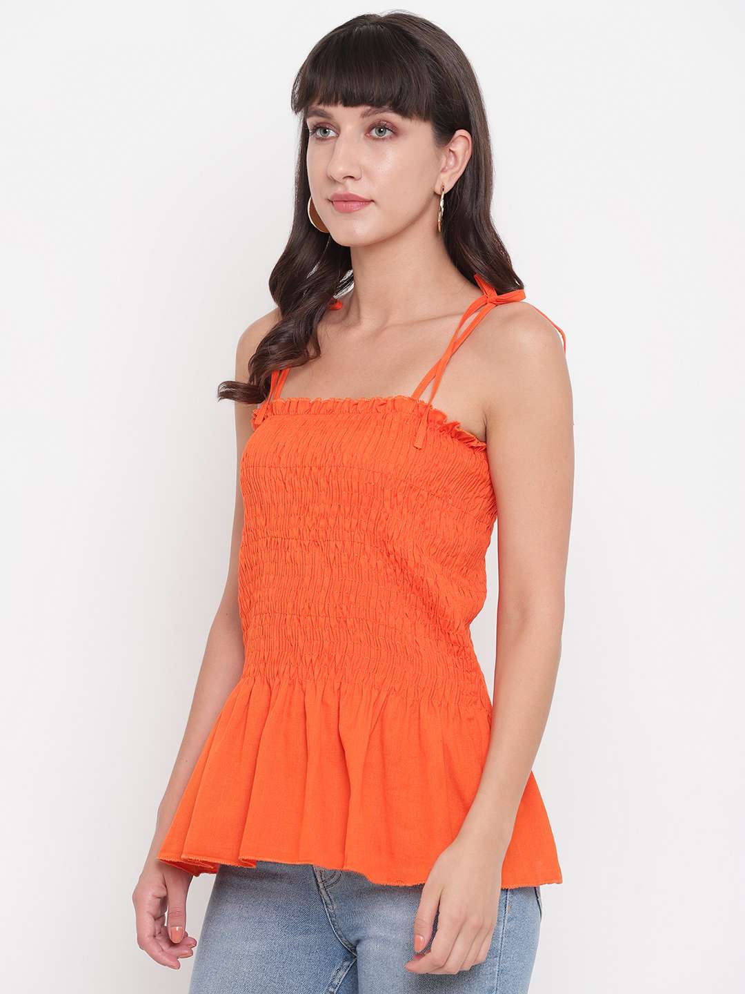 Women's Rayon Solid Casual Summer Style Tie Shoulder Straps Free Size Tank Top (Orange)