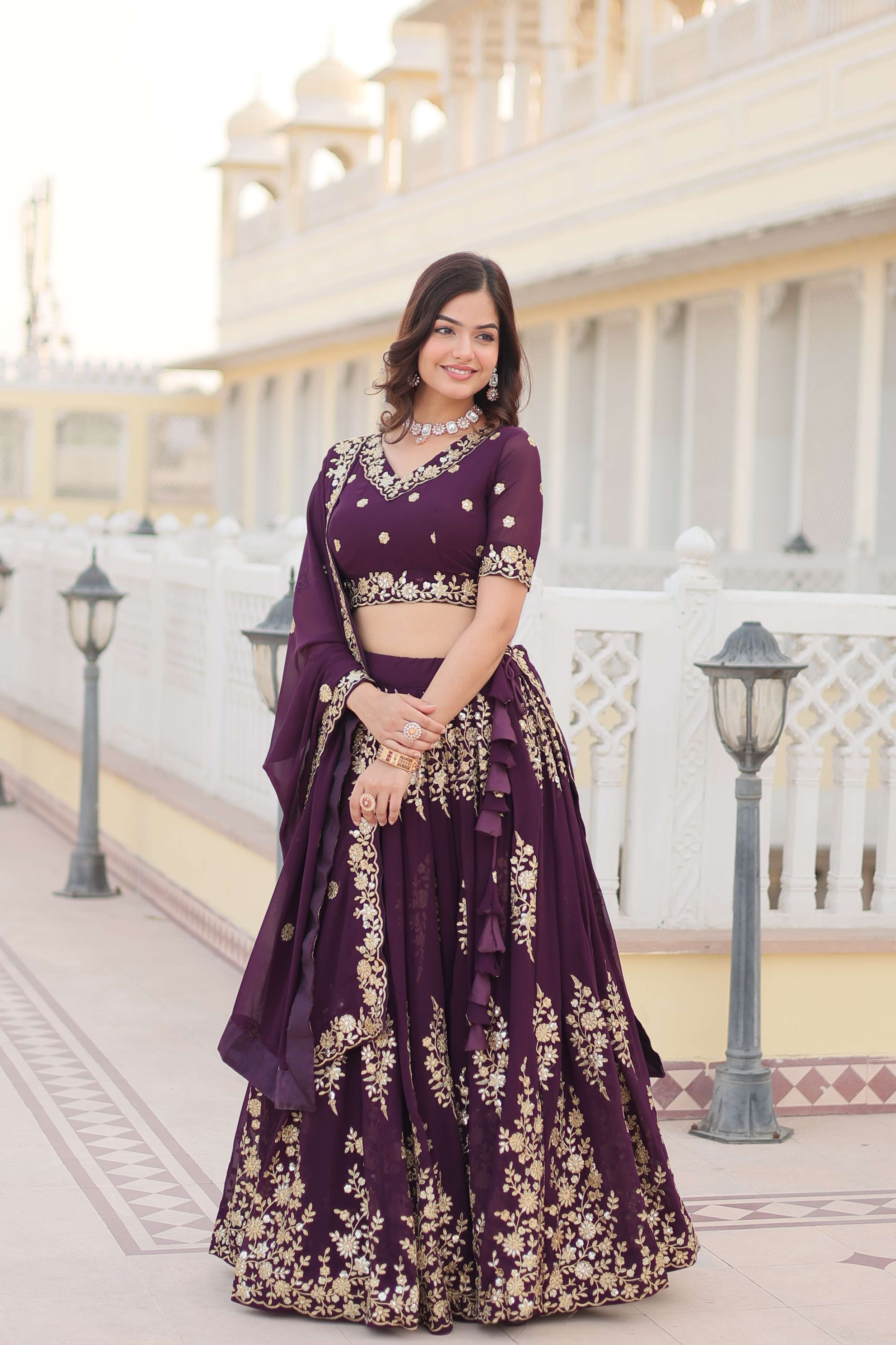 Wine Georgette Lehenga Choli with Sequins Embroidered Dupatta