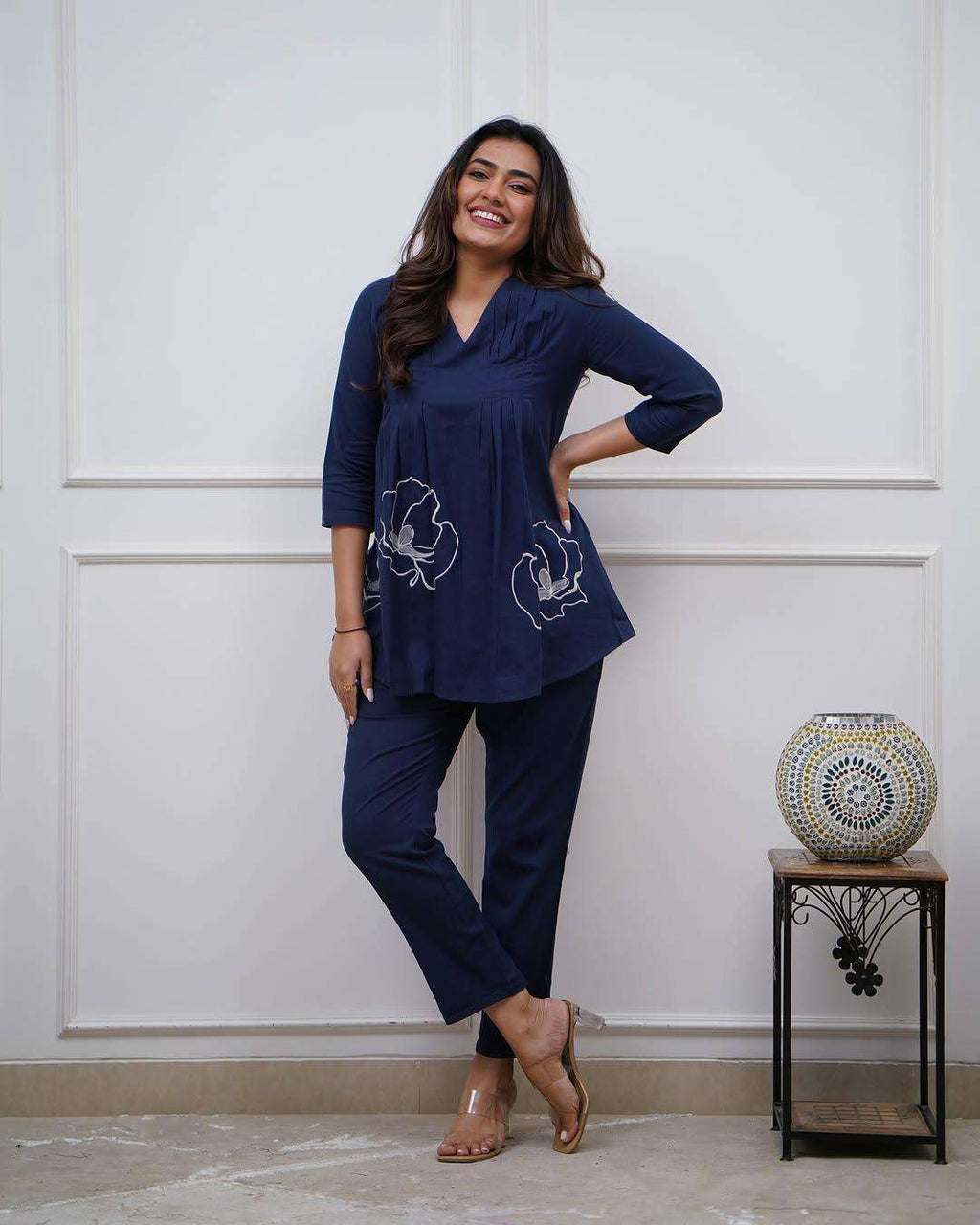 Women's Cotton Embroidered Co-ord Set 2 Piece Top Bottom Set