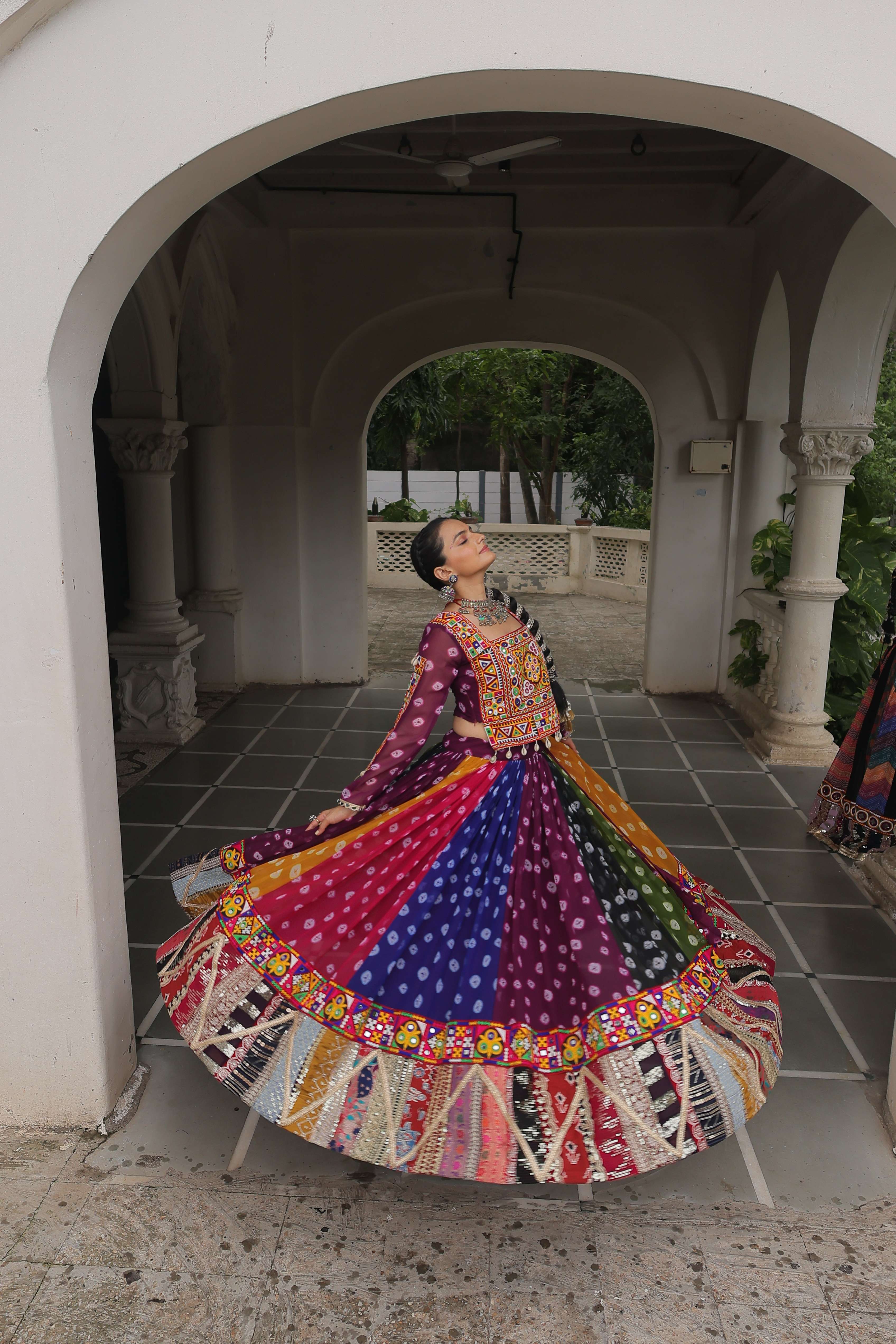 Georgette Print Navratri Lehenga Choli Set with Vintage Gamthi Embellishments