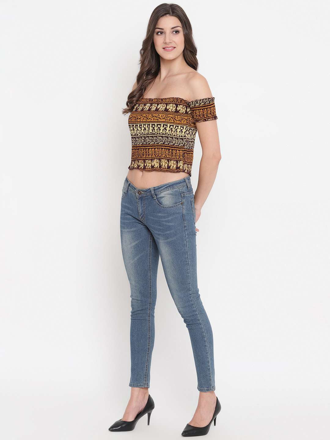 Women's Rayon Printed Off-Shoulder Smocked Crop Top Short Sleeve Casual Styles Tank Top (FREE SIZE) Multi5