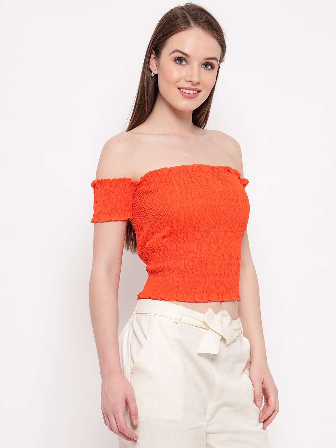 Women's Rayon Solid Off-Shoulder Smocked Crop Top Short Sleeve Casual Styles Tank Top (FREE SIZE) Multi25