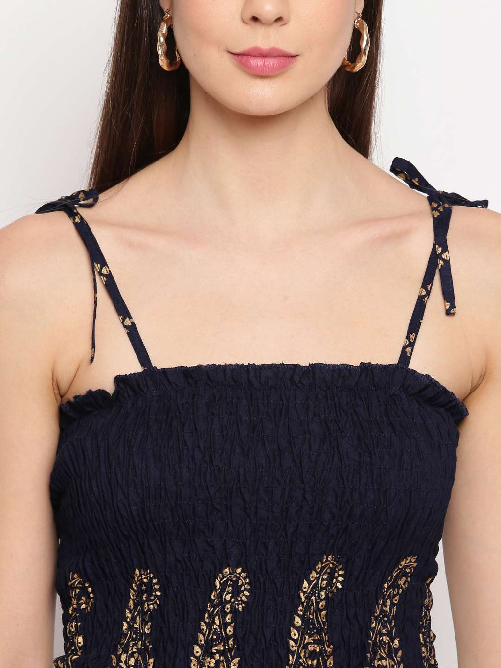 Women's Rayon Buta Printed Casual Summer Style Tie Shoulder Straps Free Size Tank Top ( Navy Blue Gold Pattern)