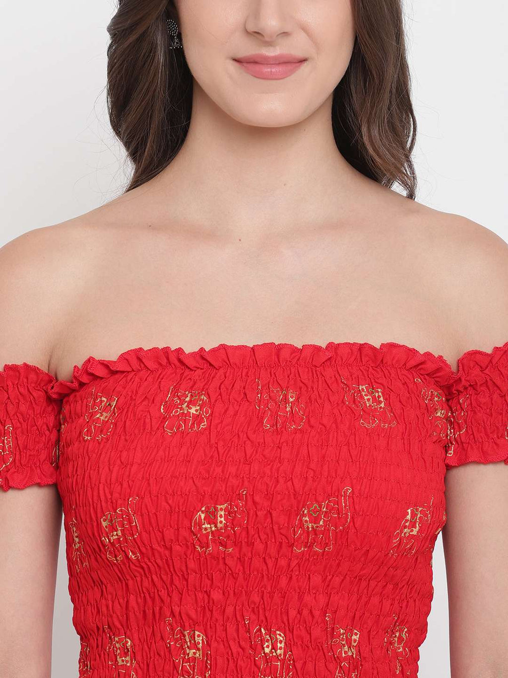 Women's Rayon Printed Off-Shoulder Smocked Crop Top Short Sleeve Casual Styles Tank Top (FREE SIZE) Multi11