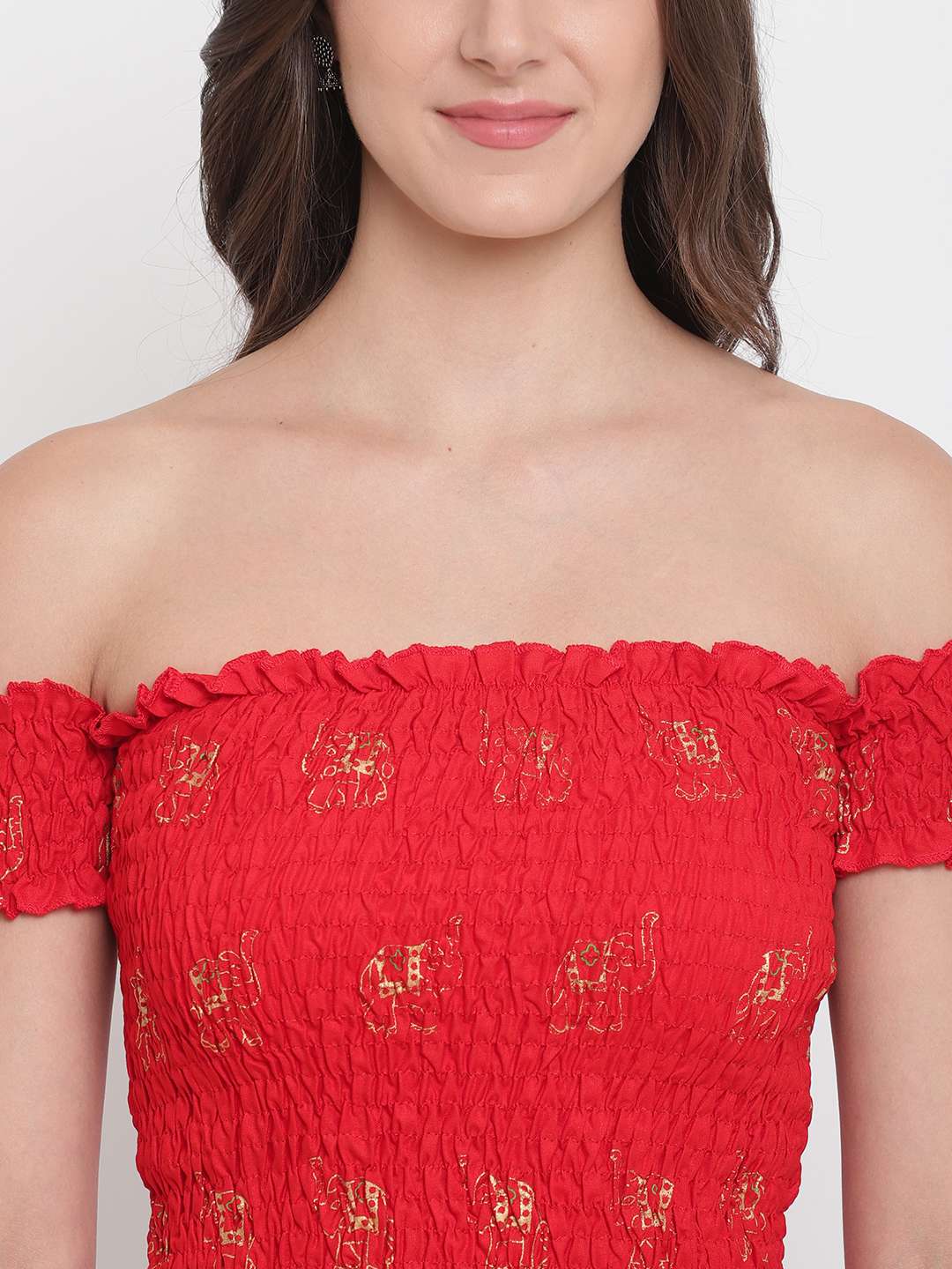 Women's Rayon Printed Off-Shoulder Smocked Crop Top Short Sleeve Casual Styles Tank Top (FREE SIZE) Multi11