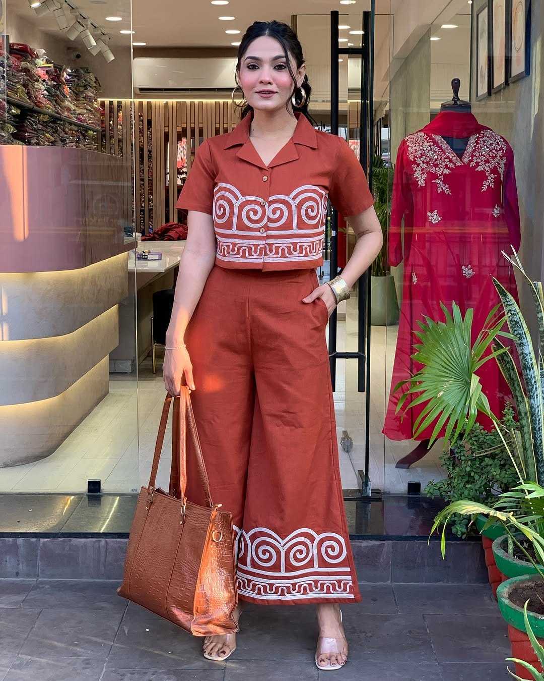 Women's Cotton Embroidered Crop top Co-Ord Set Coordinate Set Summer Wear Printed Crop Top with Pant Set