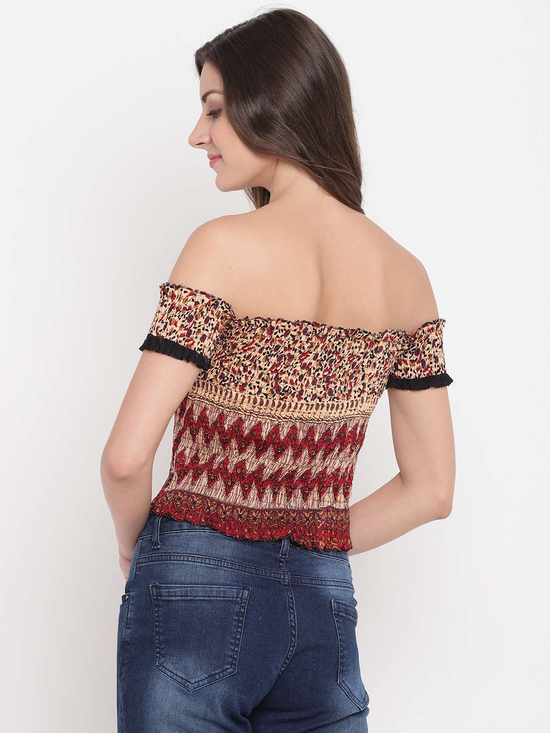 Women's Rayon Printed Off-Shoulder Smocked Crop Top Short Sleeve Casual Styles Tank Top (FREE SIZE) Multi8