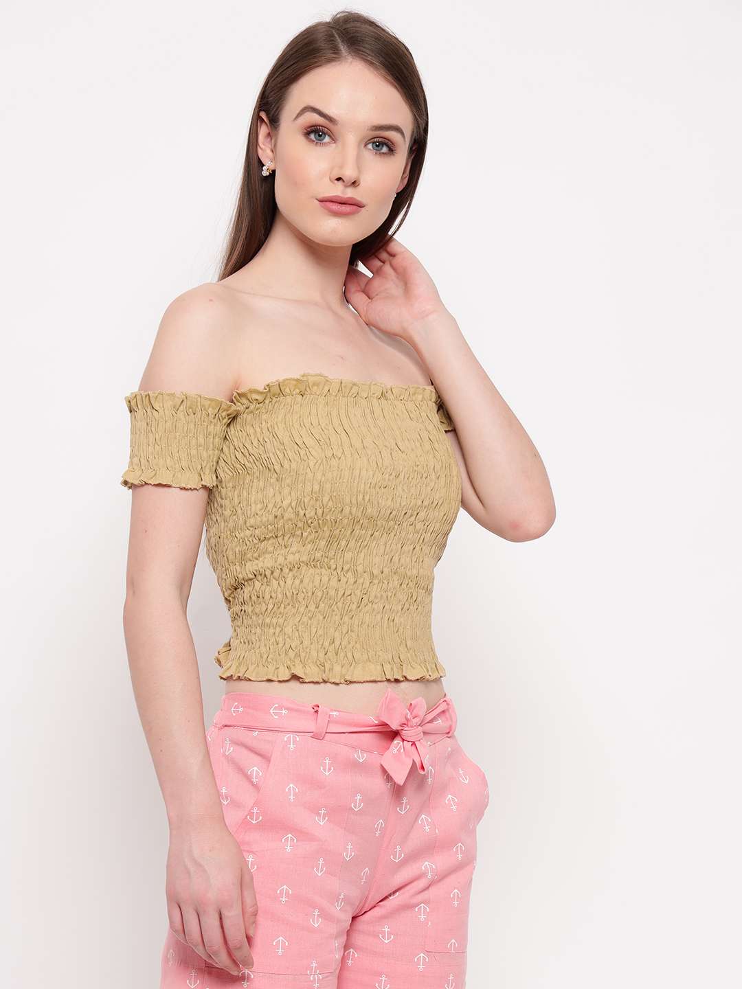 Women's Rayon Solid Off-Shoulder Smocked Crop Top Short Sleeve Casual Styles Tank Top (FREE SIZE) Multi19