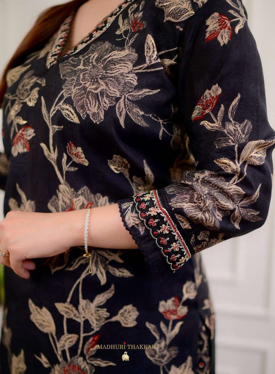 Women's Cotton Floral Printed Straight Kurti With Afghani Style Pant and Dupatta Set (Black)