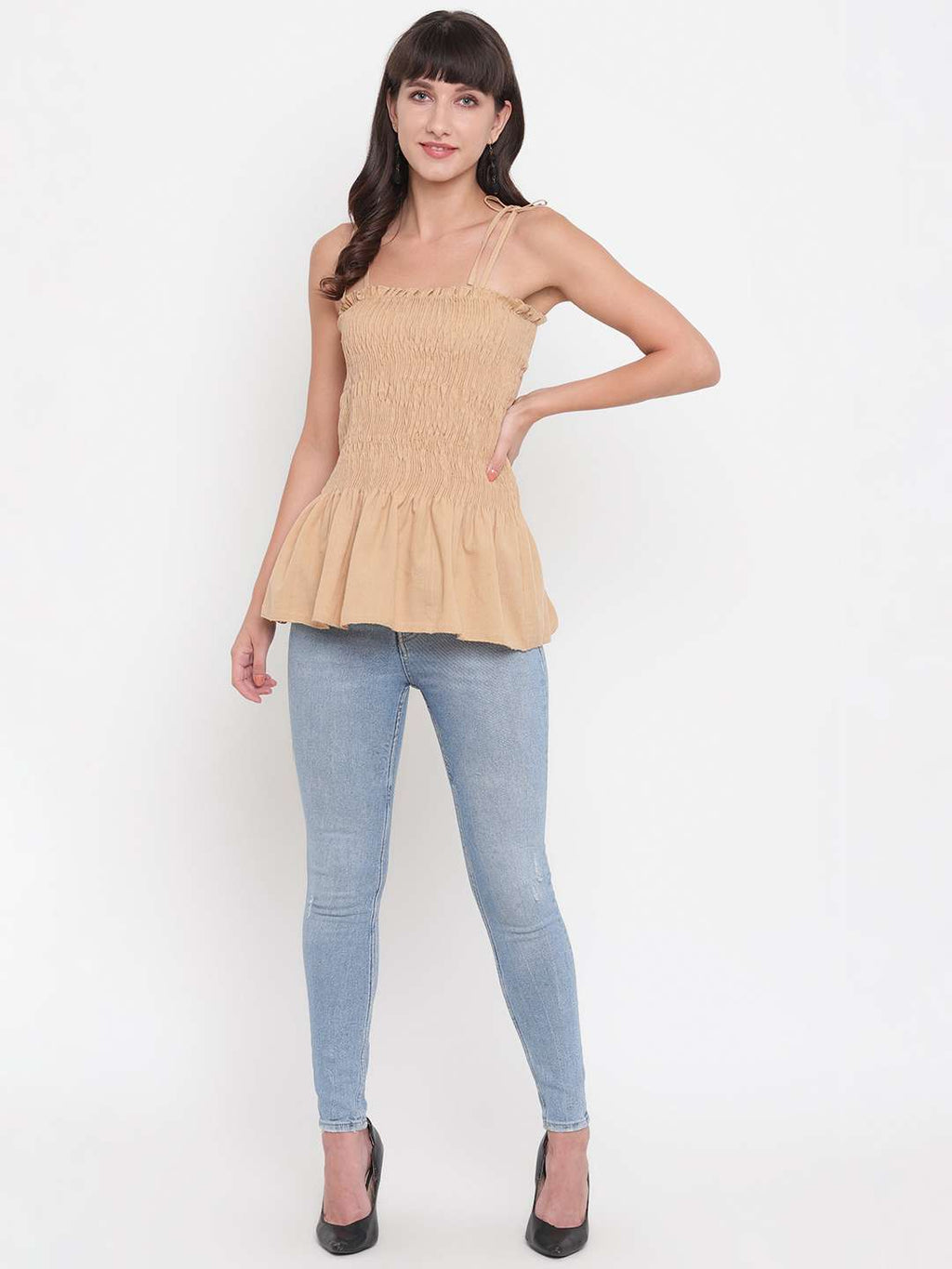 Women's Rayon Solid Casual Summer Style Tie Shoulder Straps Free Size Tank Top (Cream)