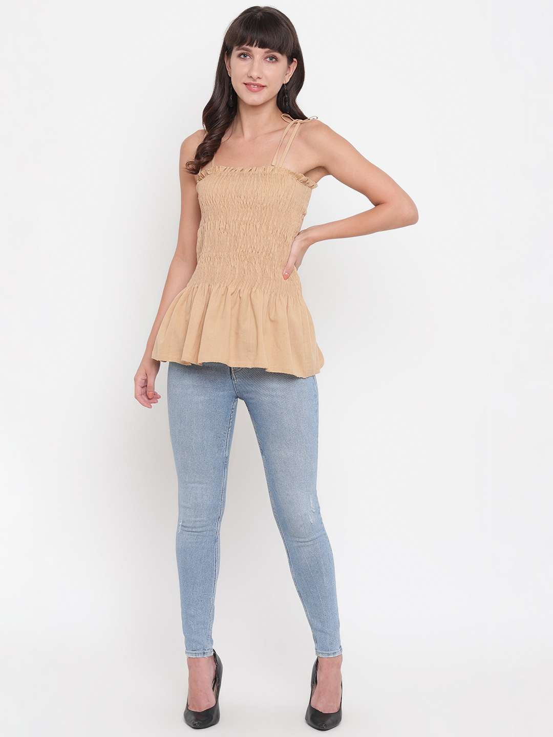 Women's Rayon Solid Casual Summer Style Tie Shoulder Straps Free Size Tank Top (Cream)