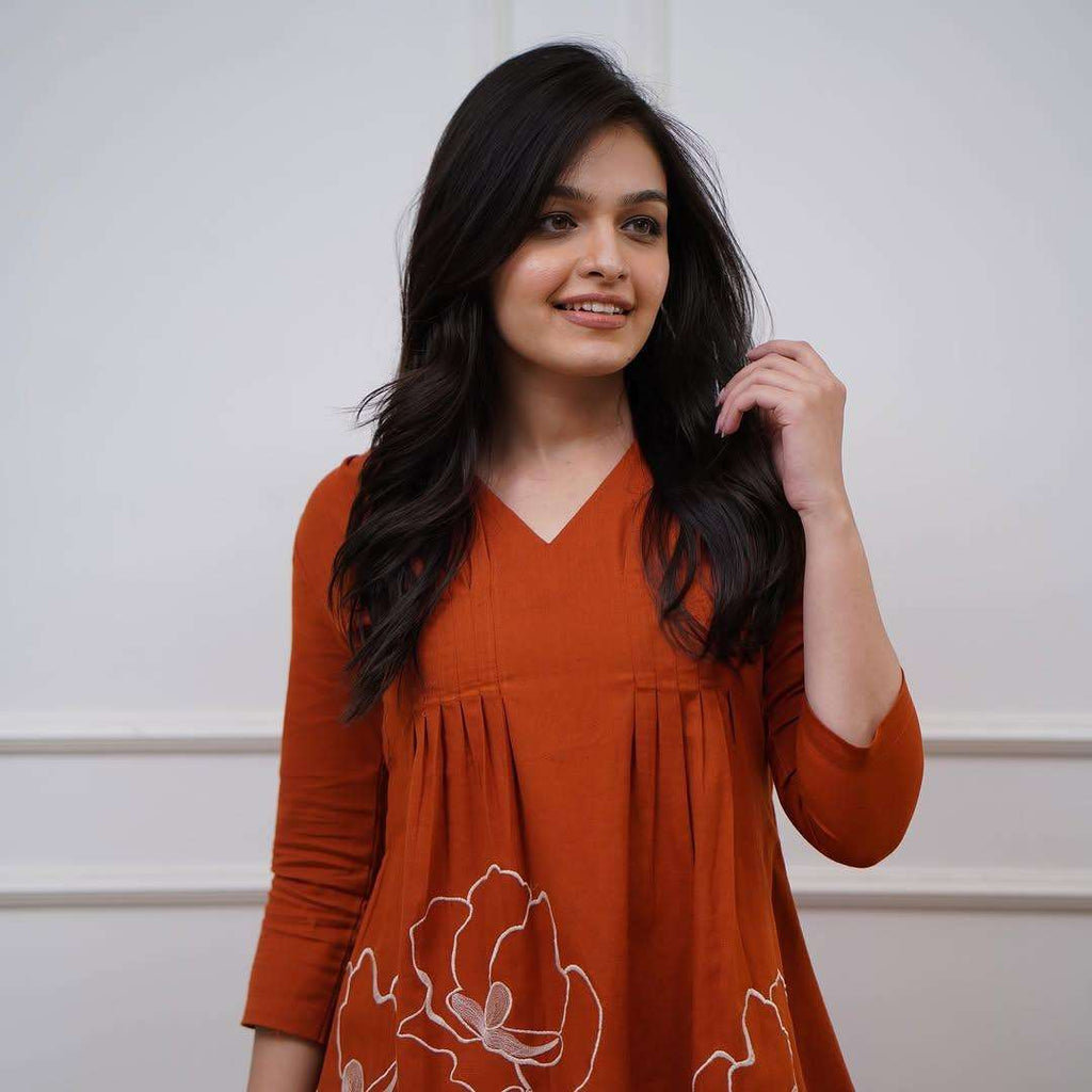 Women's Cotton Rose Printed Short Anarkali Kurta with Pant Western wear Cord Set