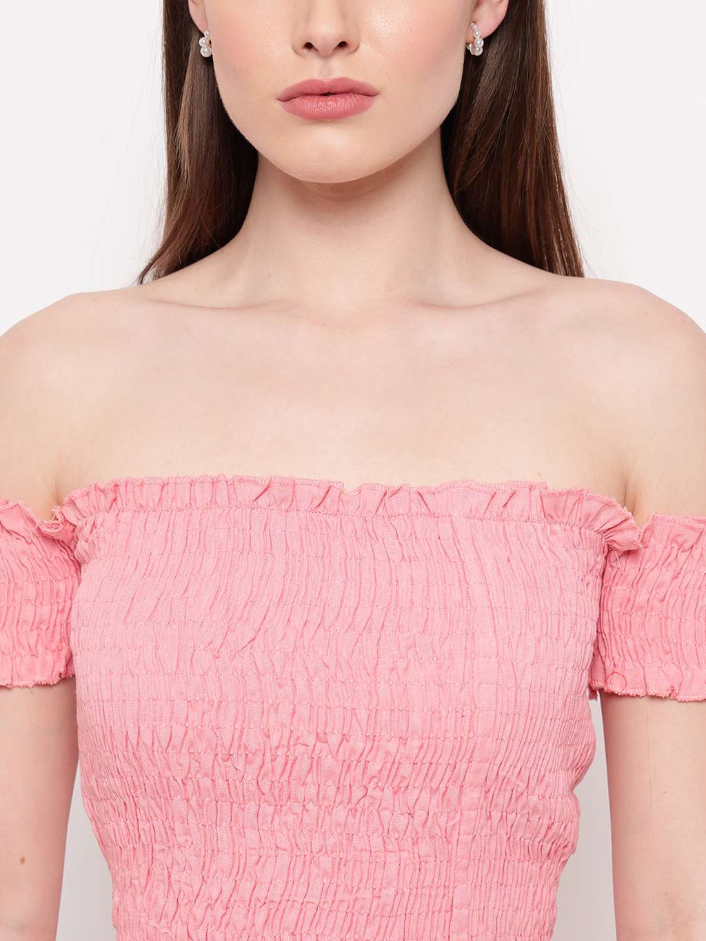 Women's Rayon Solid Off-Shoulder Smocked Crop Top Short Sleeve Casual Styles Tank Top (FREE SIZE) Multi16