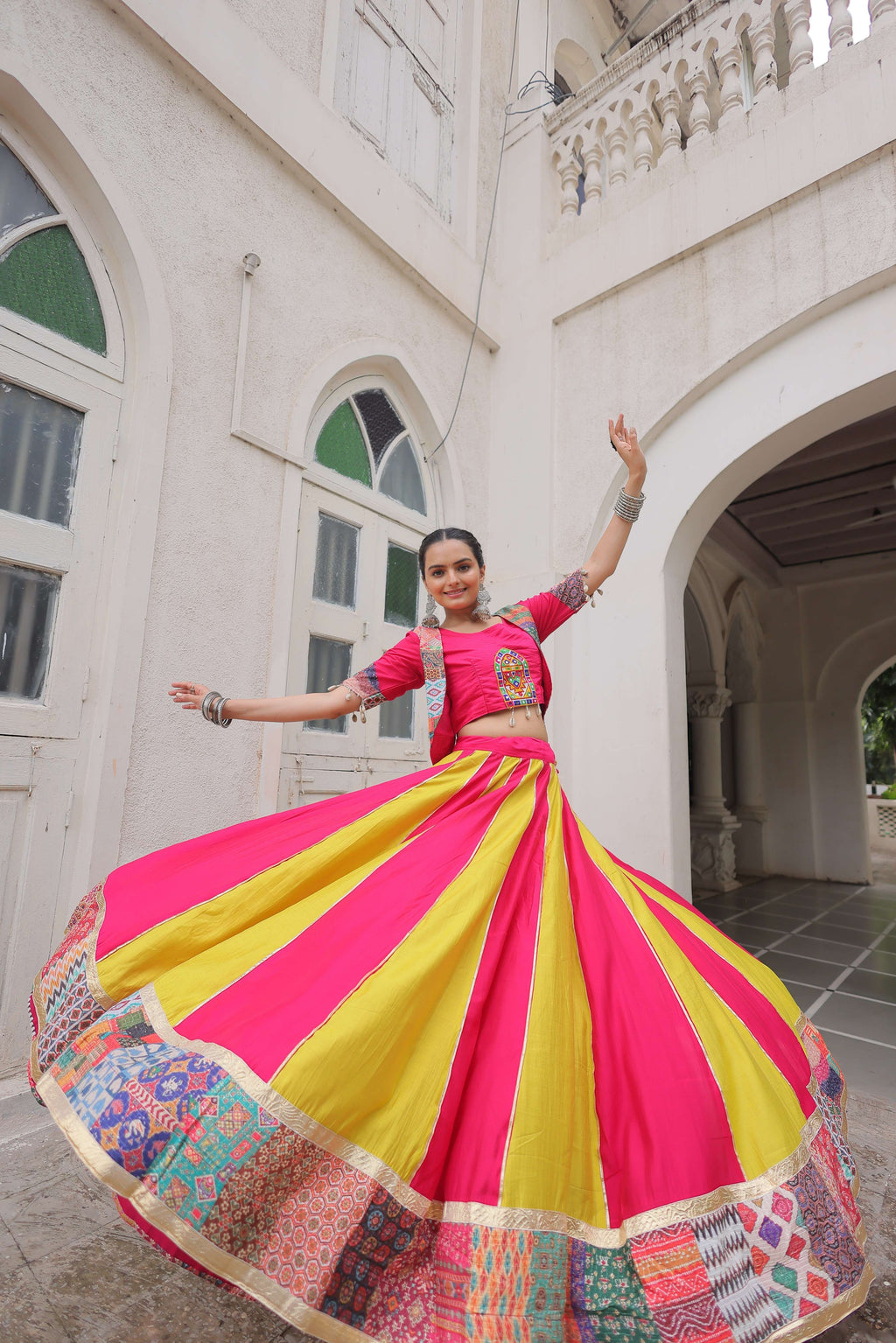 Roman Fabric Maslin Crochet Navratri Lehenga Choli Set